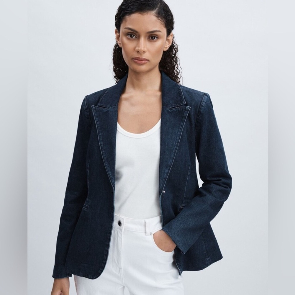 Good American DENIM SCULPTED BLAZER IN NAVY Size XS